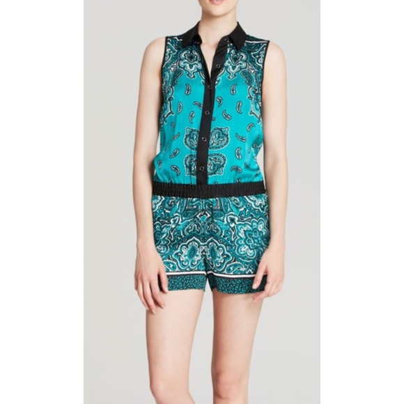 Michael Kors Green Paisley Bandana Romper Sleeveless Button Up Collared Womens M - Picture 1 of 11